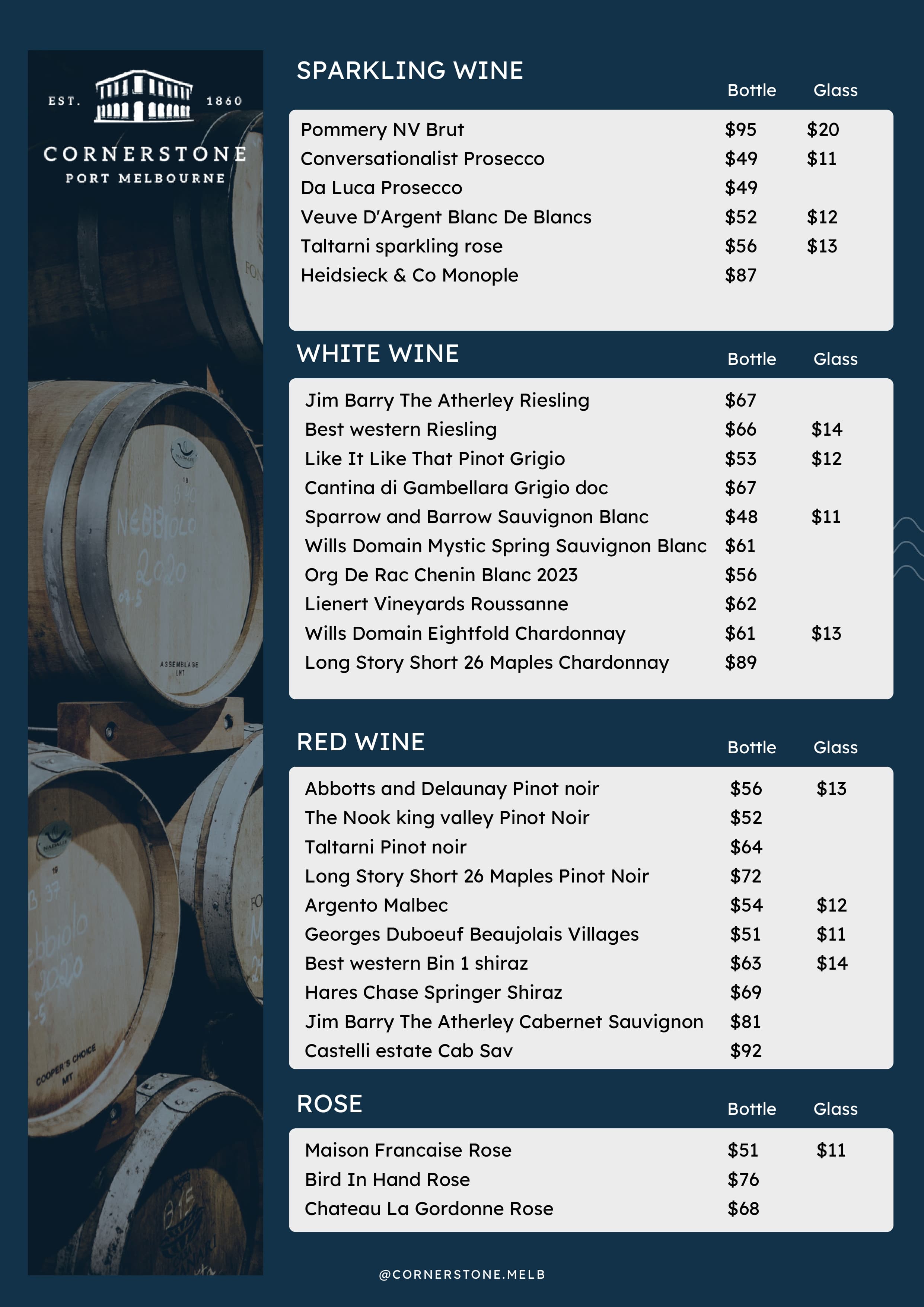 The Cornerstone Pub drinks menu, page 1