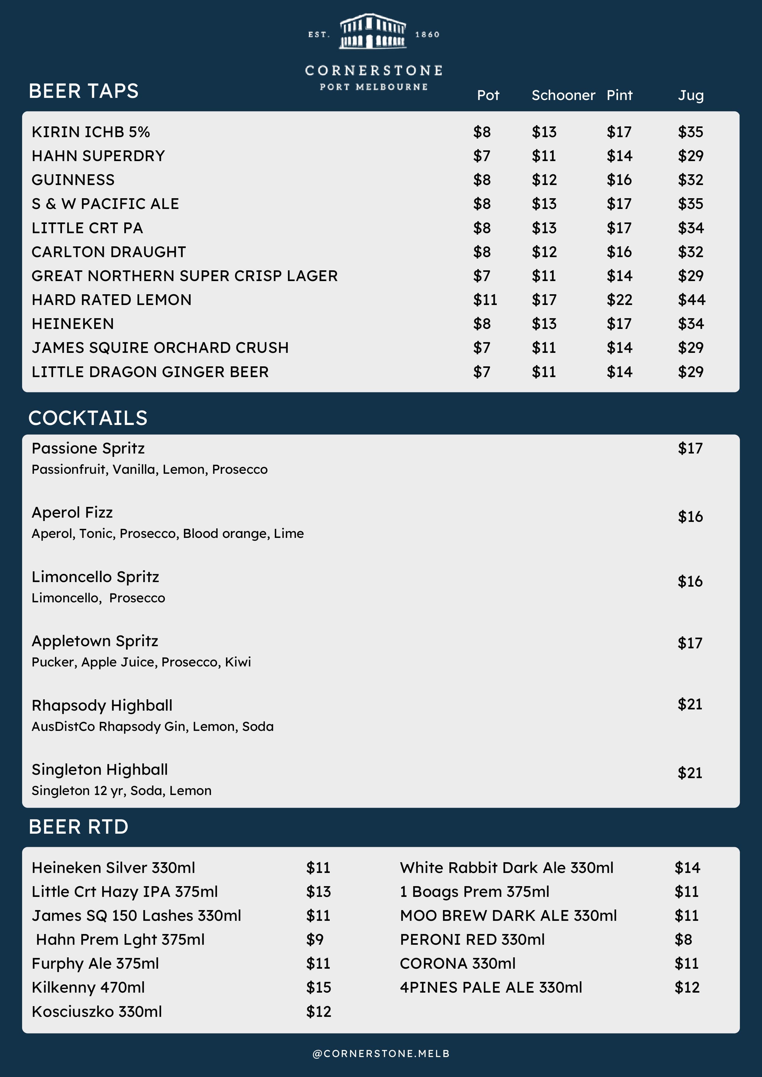 The Cornerstone Pub drinks menu, page 2