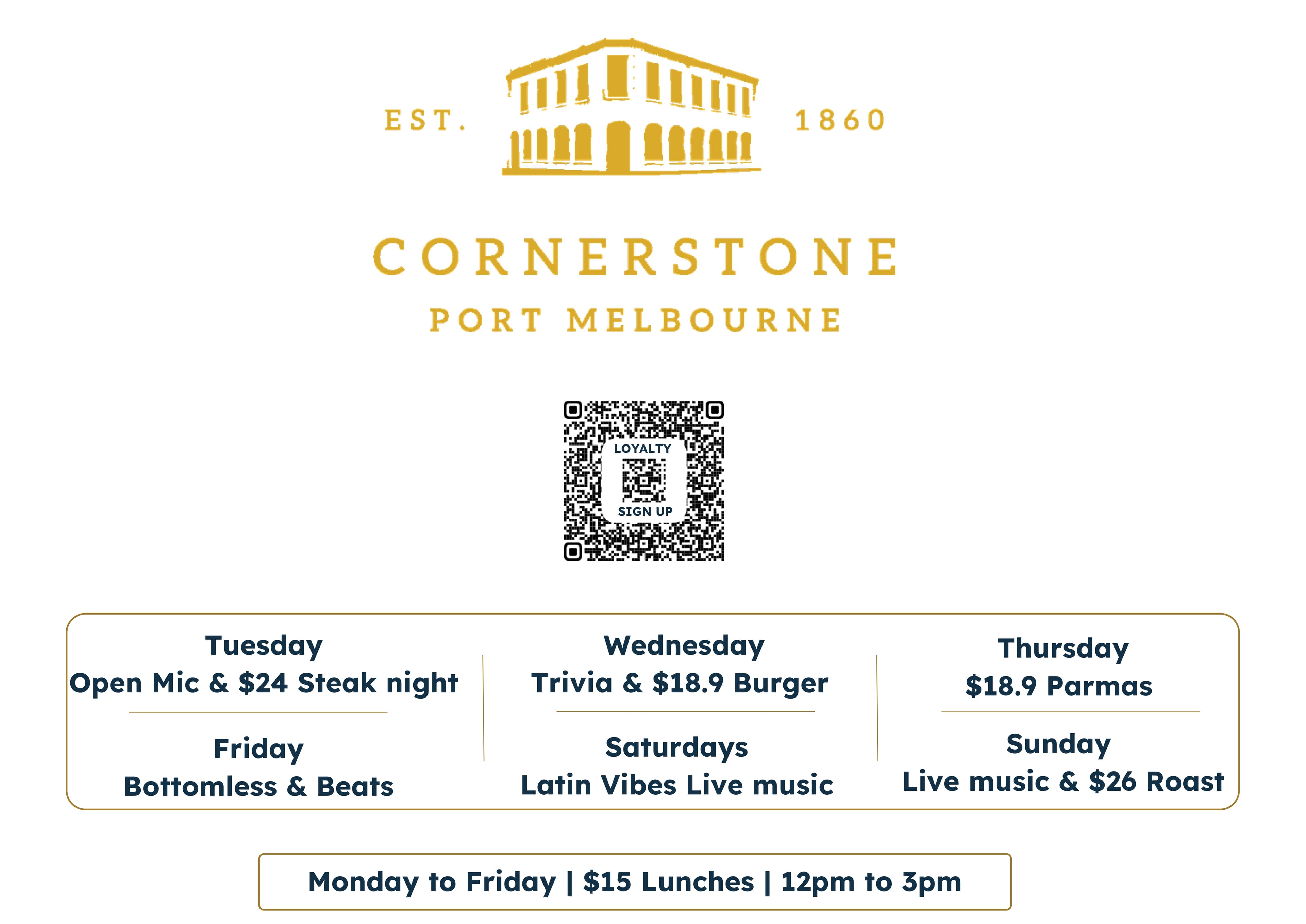 Cornerstone Pub food menu by Head Chef Stuart Russ - modern Australian pub cuisine with share plates, mains, and seasonal dishes in Port Melbourne