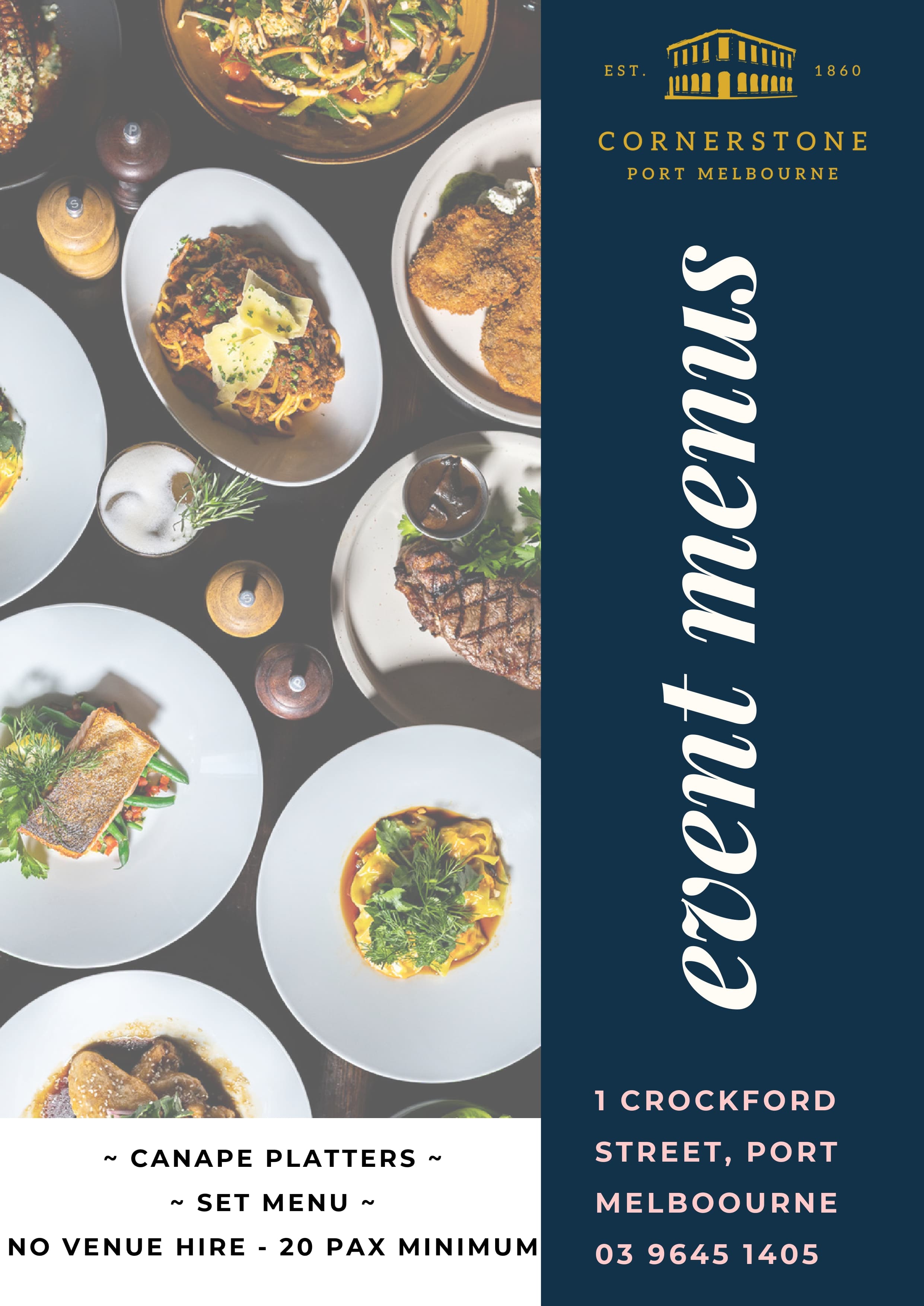 Cornerstone Pub events menu page 1 - catering packages and function dining options for celebrations and corporate events in Port Melbourne