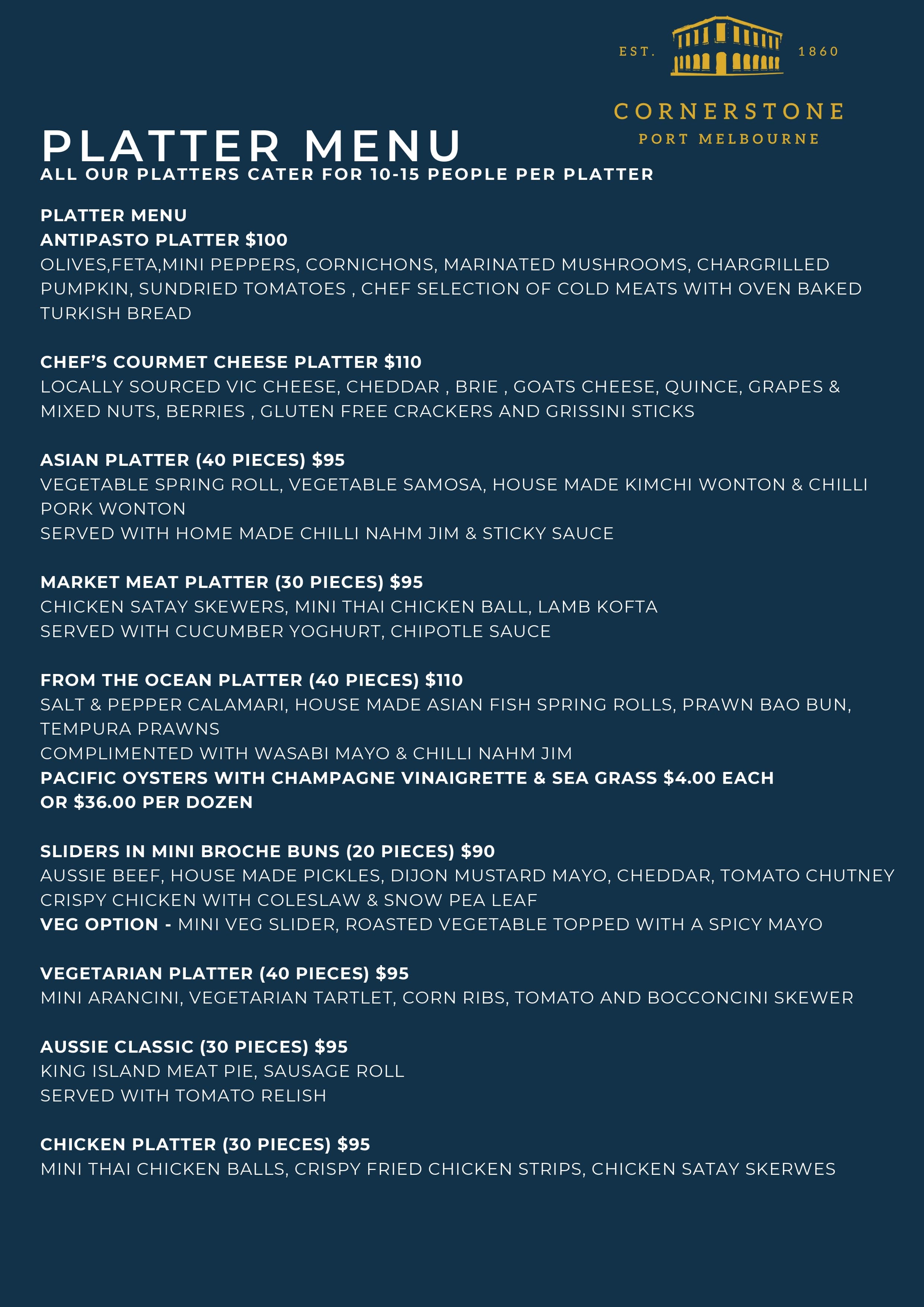 Cornerstone Pub events menu page 2 - catering packages and function dining options for celebrations and corporate events in Port Melbourne