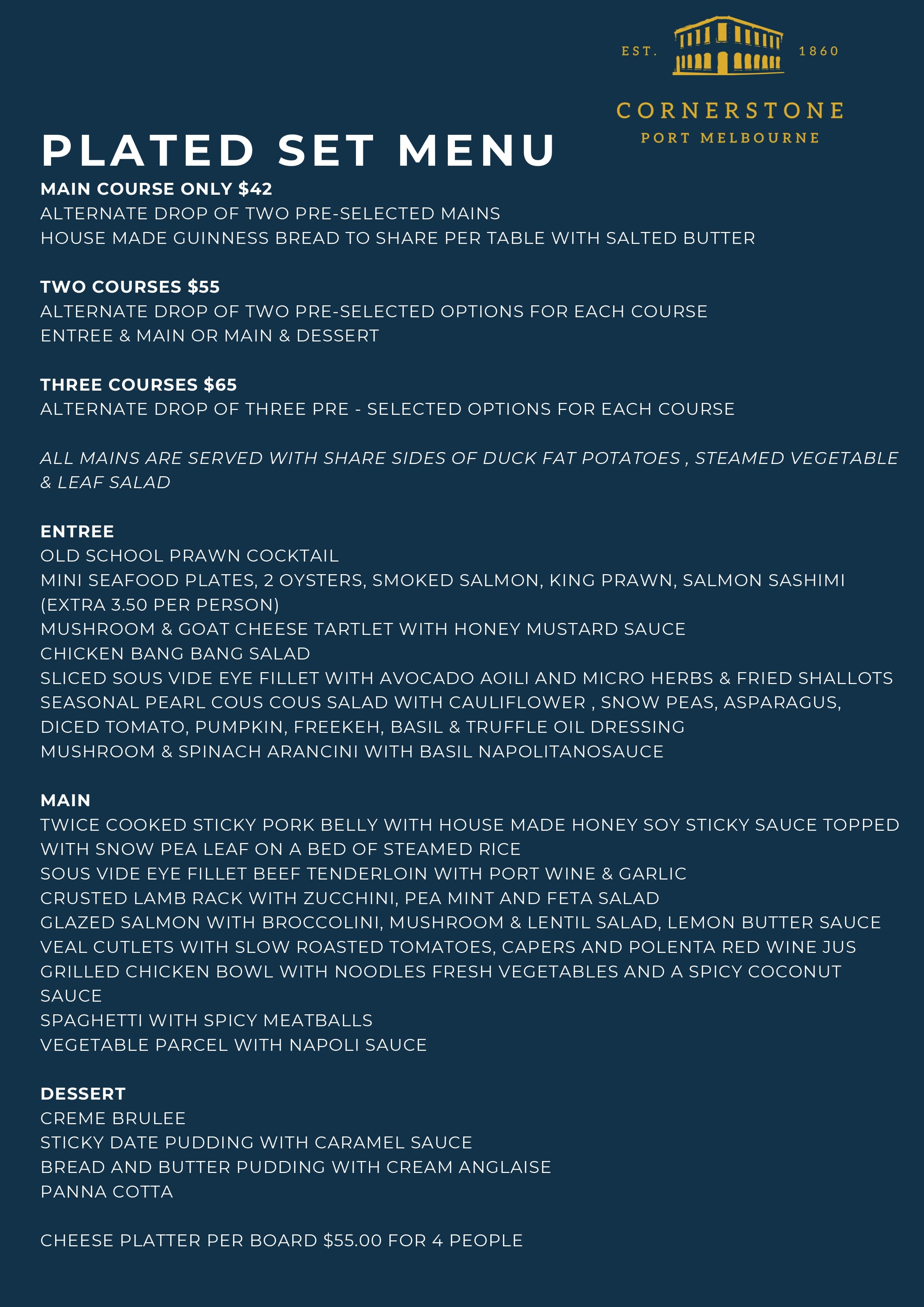 Cornerstone Pub events menu page 3 - canapé selections, grazing tables, and event catering menus for functions