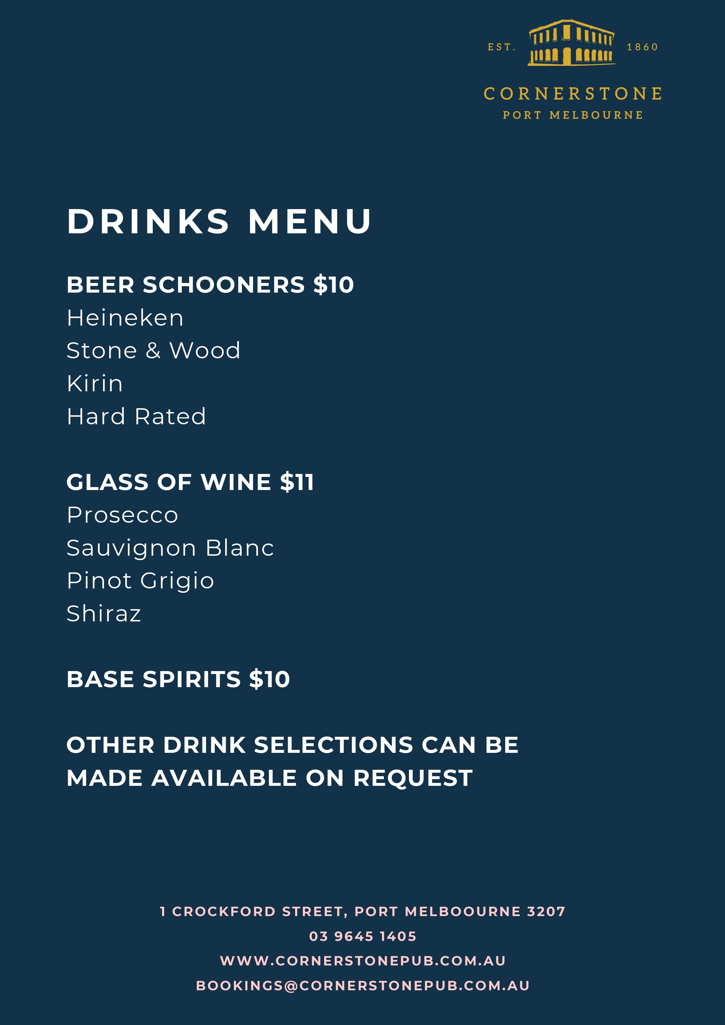 Cornerstone Pub events menu page 4 - complete event catering menu with beverage packages and dining options for functions