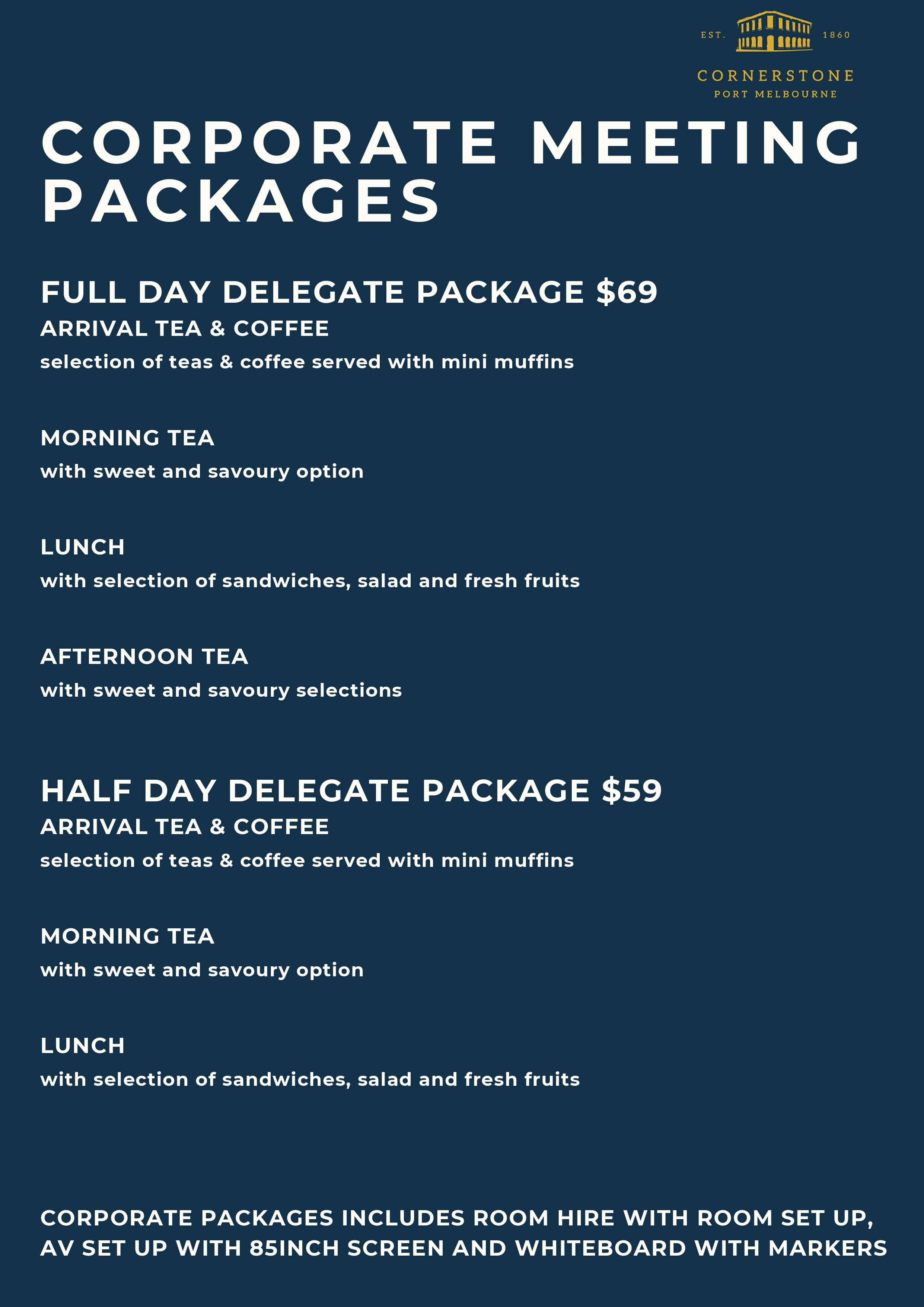 Cornerstone Pub events menu page 4 - complete event catering menu with beverage packages and dining options for functions