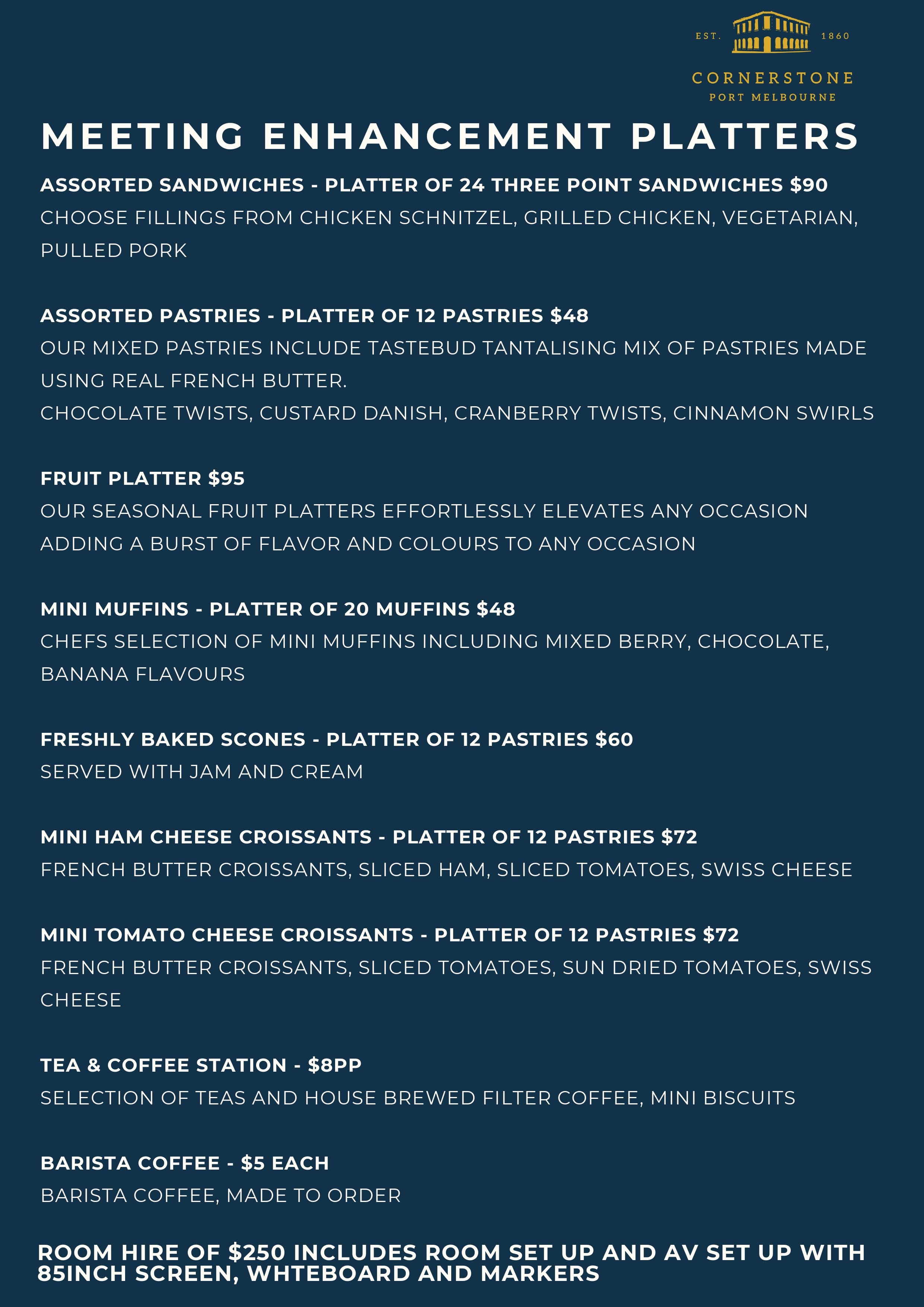 Cornerstone Pub events menu page 4 - complete event catering menu with beverage packages and dining options for functions